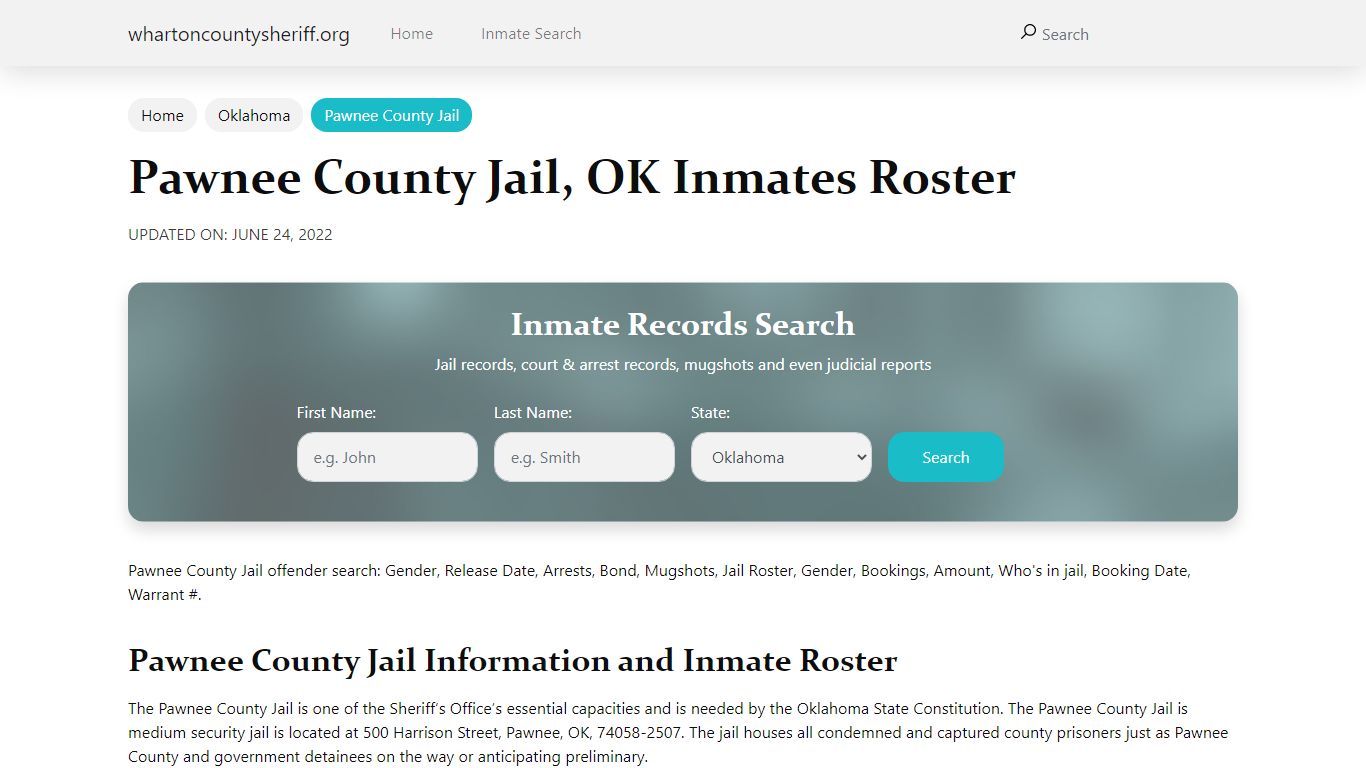 Pawnee County Jail, OK Jail Roster, Name Search