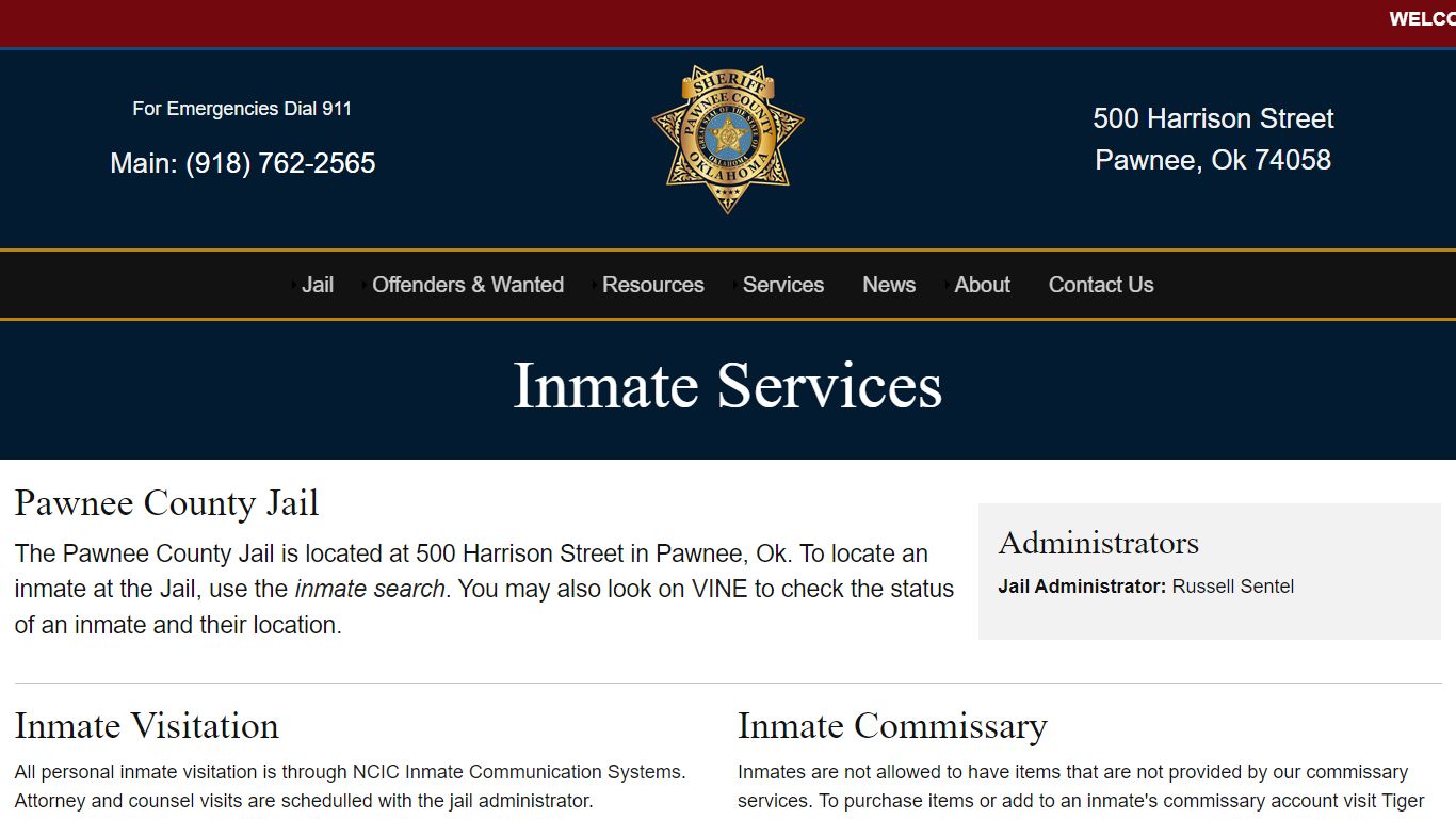 Inmate Services at the Pawnee County Jail